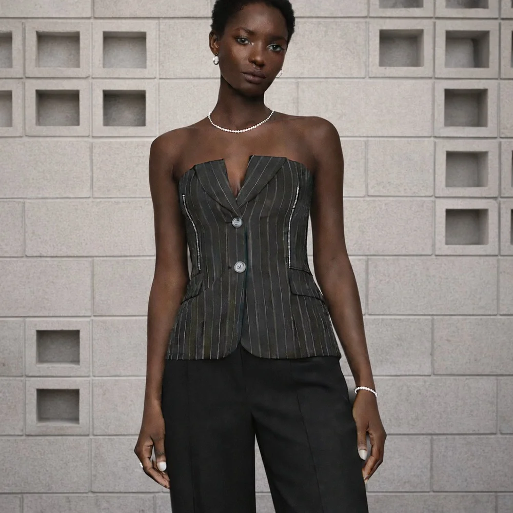 NWOT: SIMKHAI Gray Pinstripe Bustier Strapless Top Size 10 - Picture 2 of 13